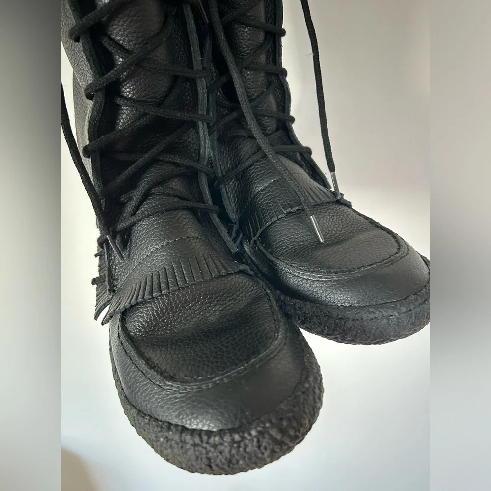 Made In Canada Black Leather Fringed Mukluks Fleece Lined Boots Lace-up 10 M - Picture 9 of 13